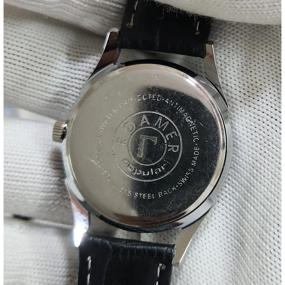 Vintage 1975 Roamer Manual Mens Silver Watch W/Leather Strap & Green accents